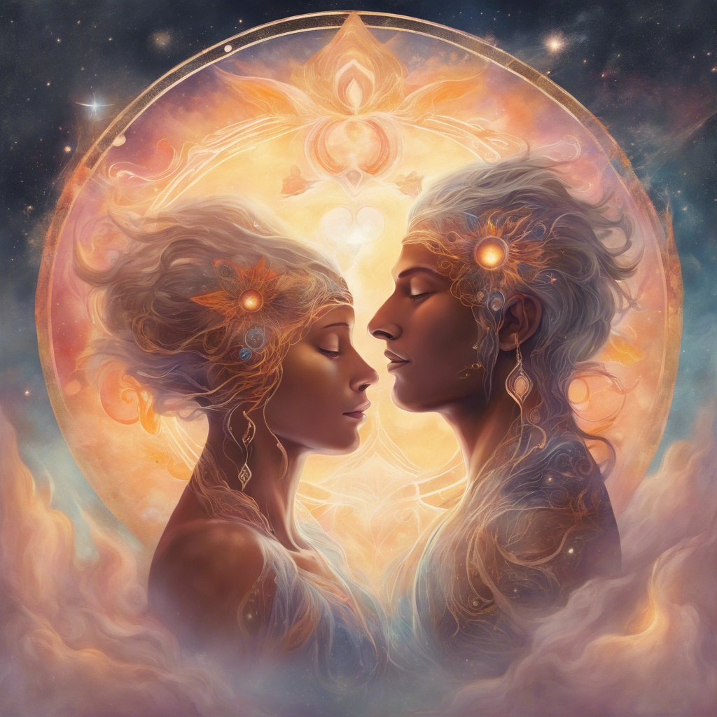 Picture of a man and woman in a cosmic cloud and embrace.  Signifying the balance of feminine and masculine energy with in us. 